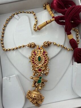 Traditional Gold-Tone Red & Green Pendant Necklace for Women